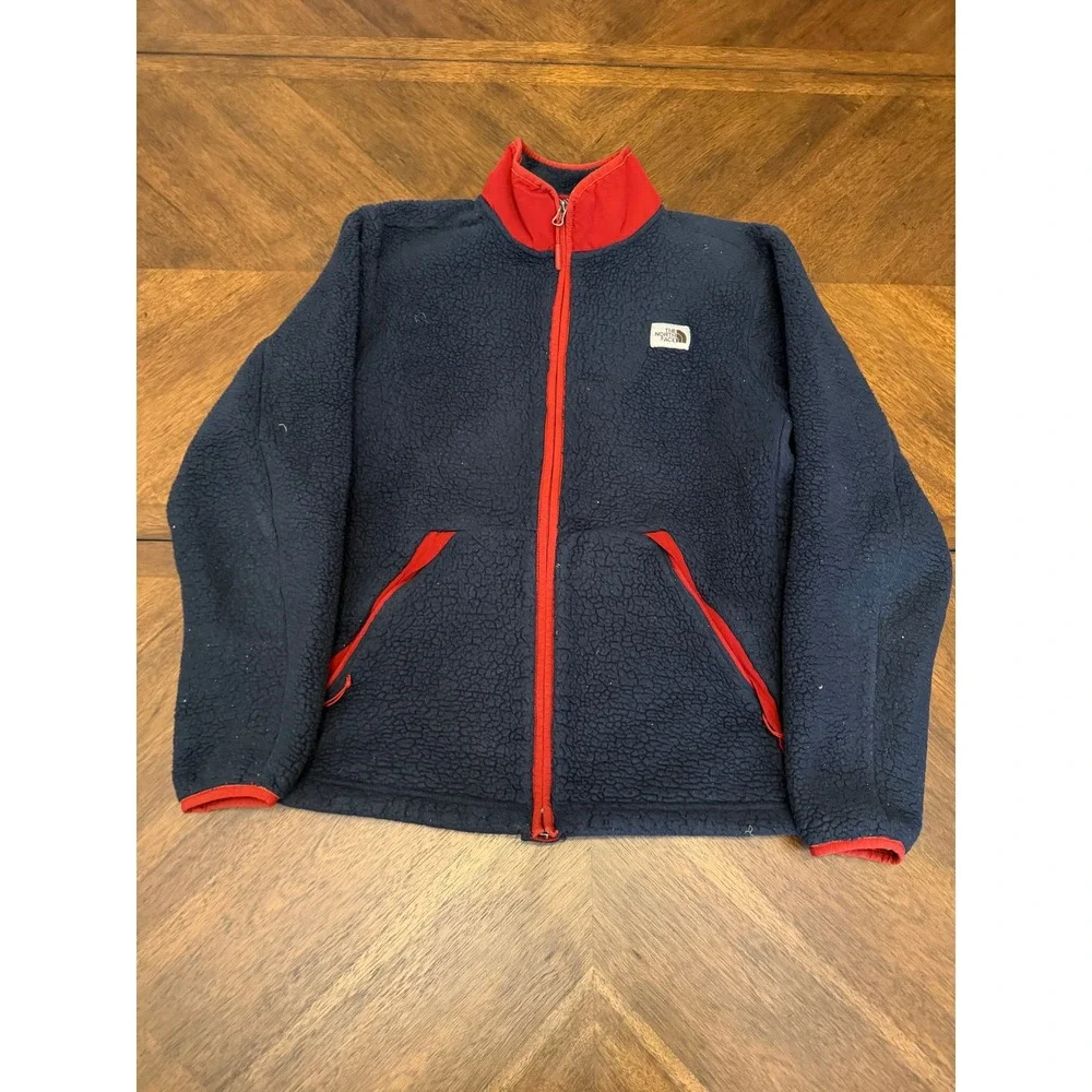 The North Face Mens Sherpa Fleece Jacket Navy Blue Red Full Zip Size Medium